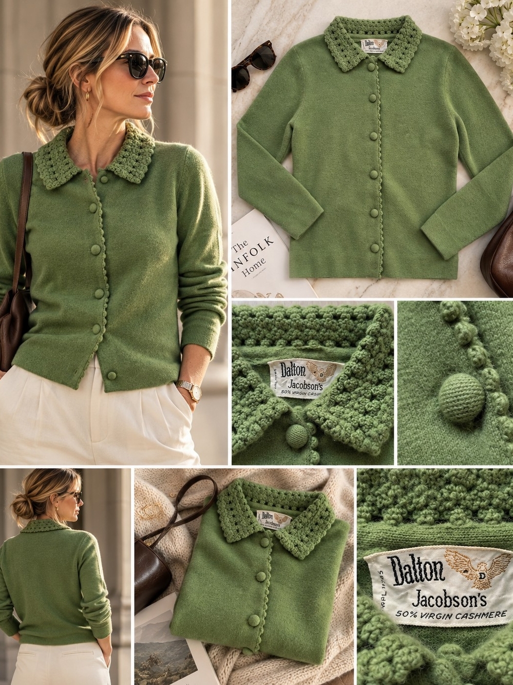 Vintage 50s 60s Dalton Jacobson’s 100% Cashmere Cardigan Green Crochet Collar